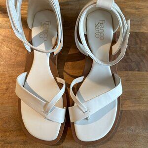 Franco Sarto White and Tan Ankle-Strap Toe Loop Sandals